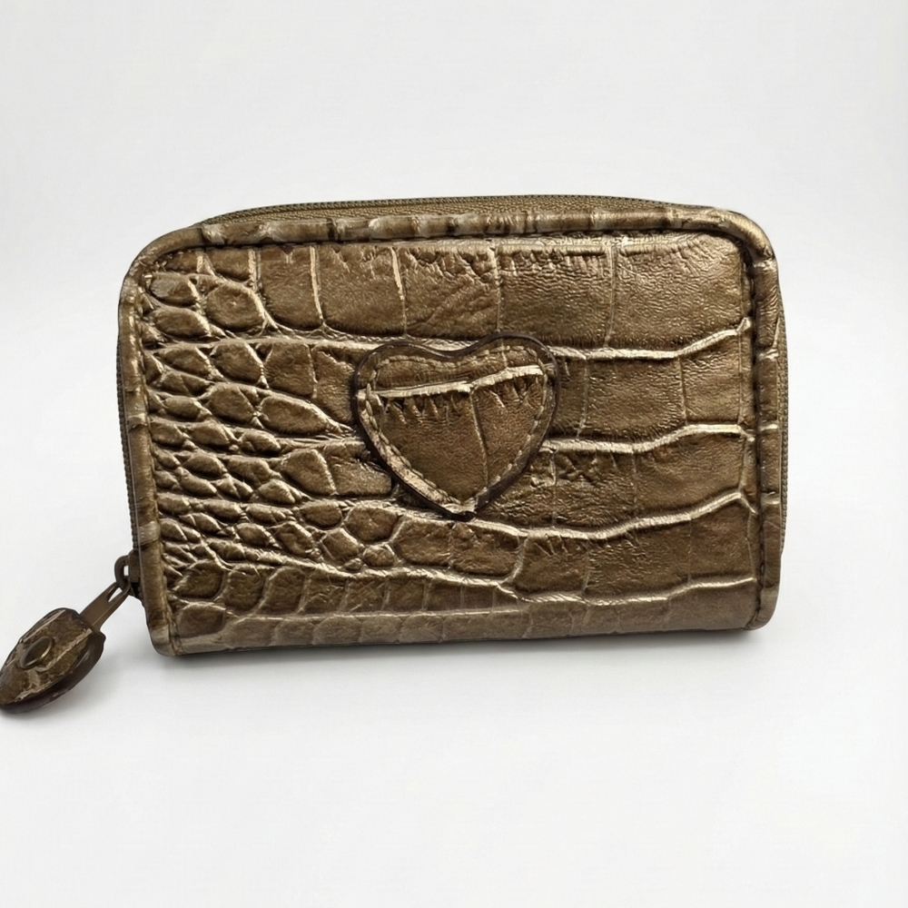 Croc embossed leather zipper coin purse with heart detail